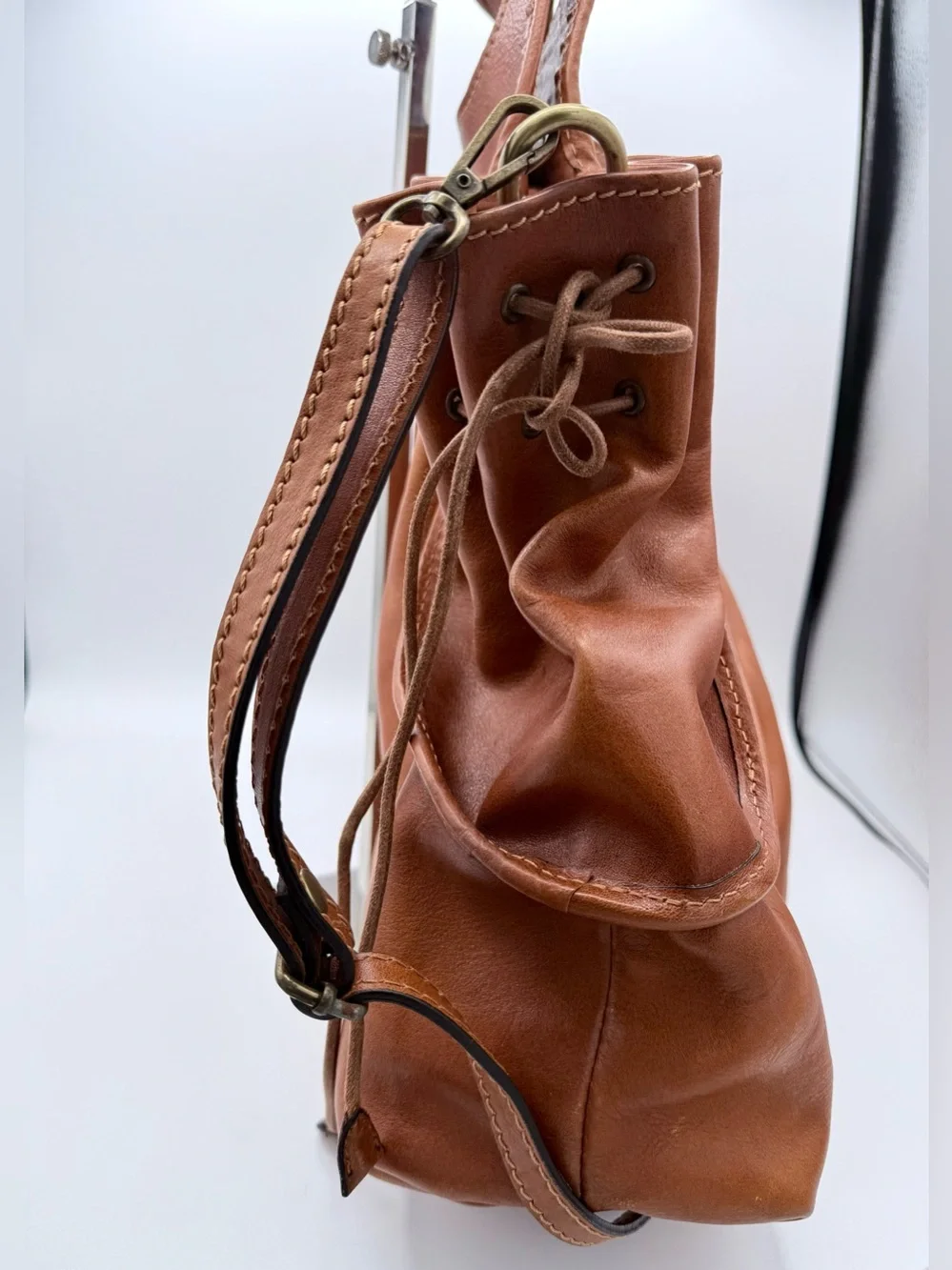 Pratesi Firenze Italian Leather Satchel Bag Tan Cognac Drawstring Sides